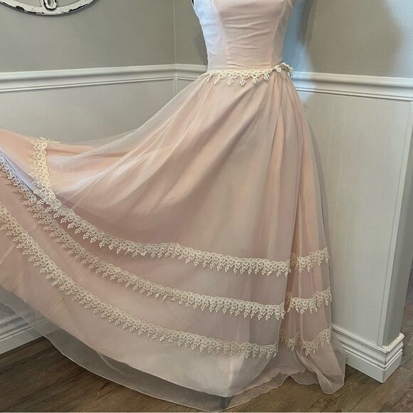 Vintage 1970s Handmade Blush Pink Formal Gown Prairie Romance Metal Zipper - Picture 7 of 11